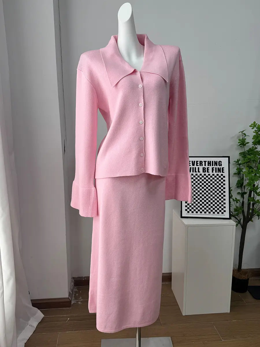 Knit Cardigan and Midi Skirt Set with Bell Sleeves