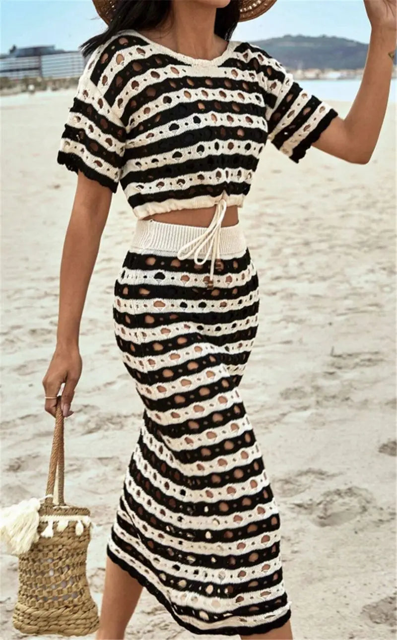 Striped Crop Top Maxi Skirt Set - Playful Sophistication