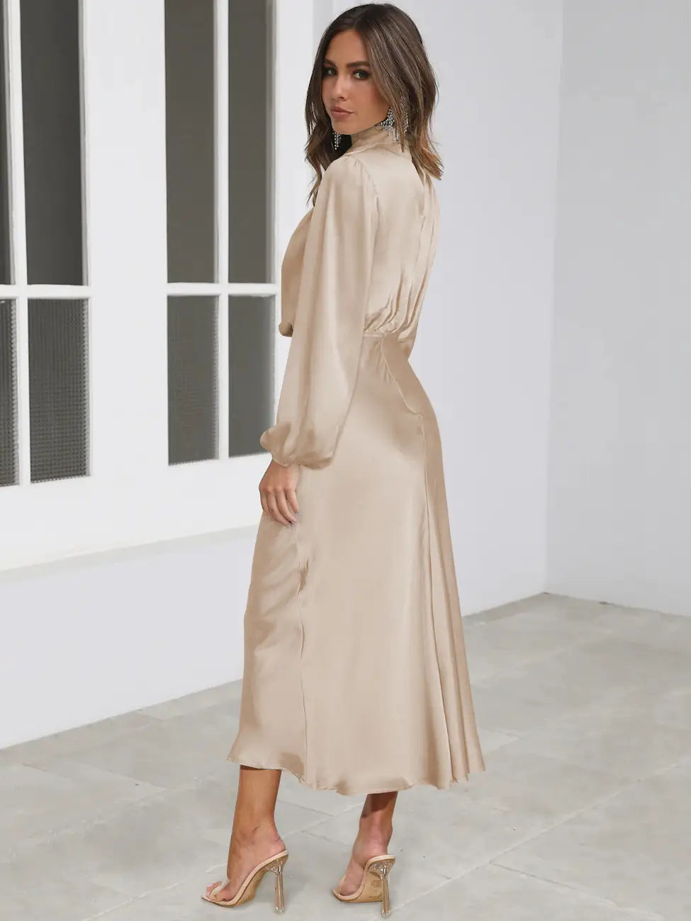 Satin Midi Dress with Balloon Sleeves - Evening Elegance