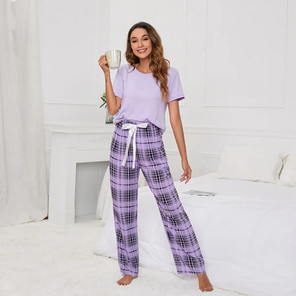 Solid-colour T-print Checks Pyjama Set - Summer Lounge Bliss