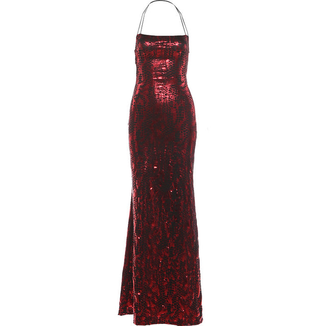 Red Animal Print Halter Gown with Square Neck - After Hours