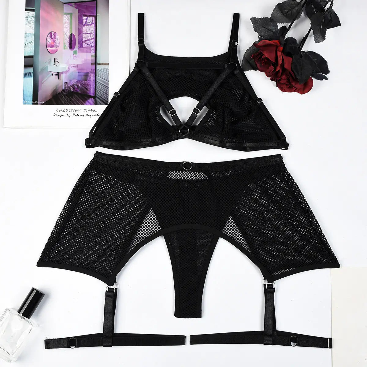 Mesh Mystique Three-piece Set - Solid Elegance with Cutout Charm