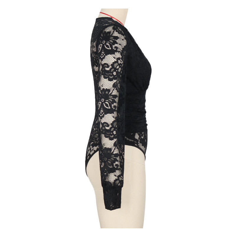 Black Lace Long-sleeve Bodysuit – Elegant Seduction