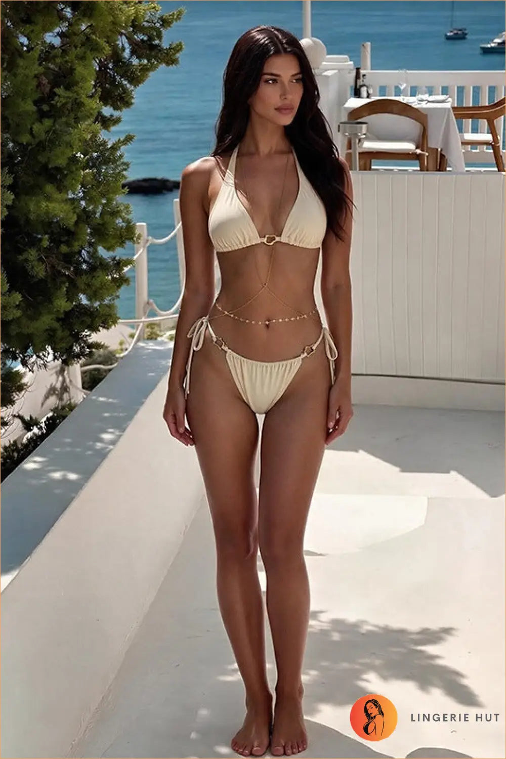 Cream Gold-Buckle Tie-Side Bikini Set