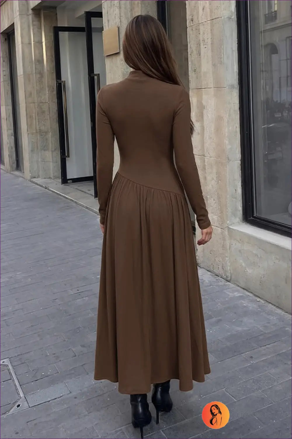 Coffee Brown Long Sleeve Maxi Dress with High Neck - Quiet Evenings