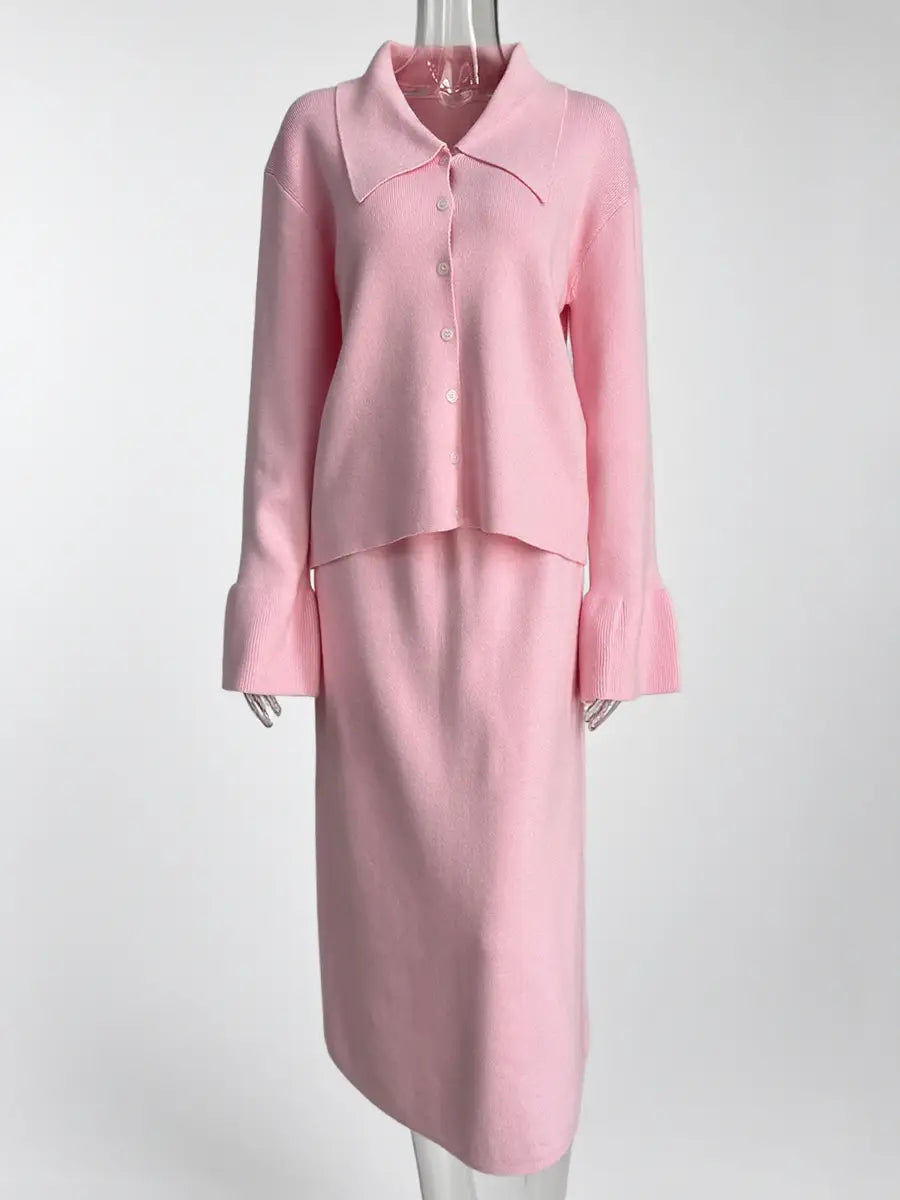Knit Cardigan and Midi Skirt Set with Bell Sleeves