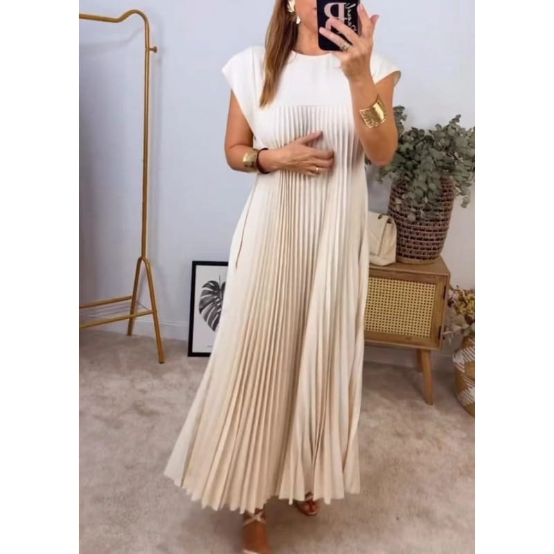 Pleated Maxi Dress with Cap Sleeves - Effortless Style