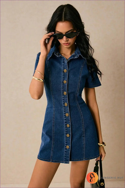 Blue Denim Mini Dress with Button Front - Weekend Ease