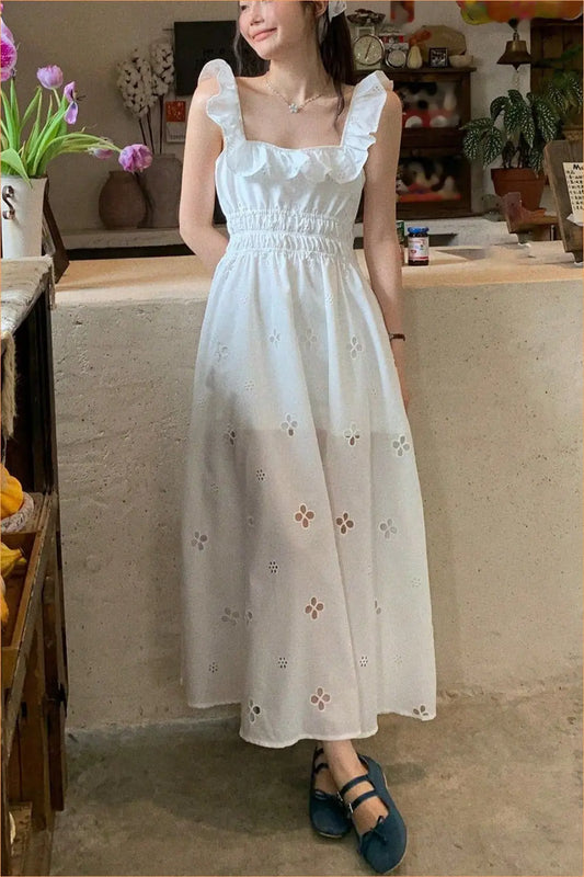 Square-Neck Midi Dress with Eyelet Cutouts and Ruffle