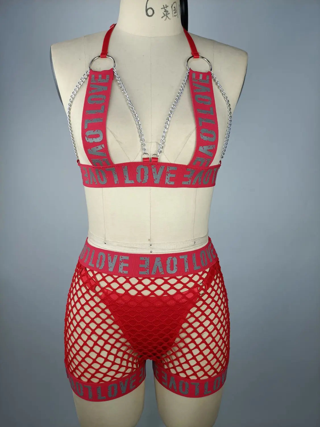 Seductive Letter Print Lingerie Set - Fishnet Allure with Metal Chain