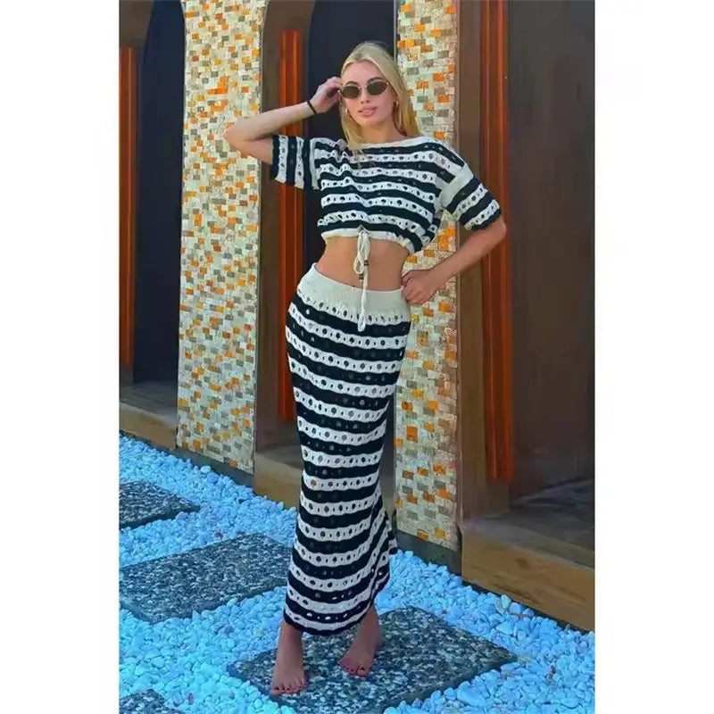 Striped Crop Top Maxi Skirt Set - Playful Sophistication