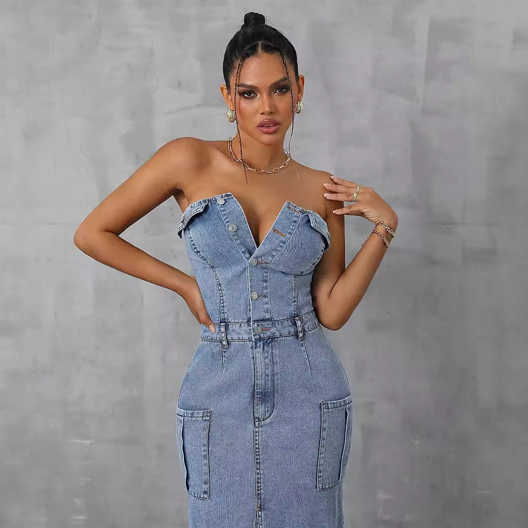 Strapless Denim Maxi Dress – Edgy & Chic