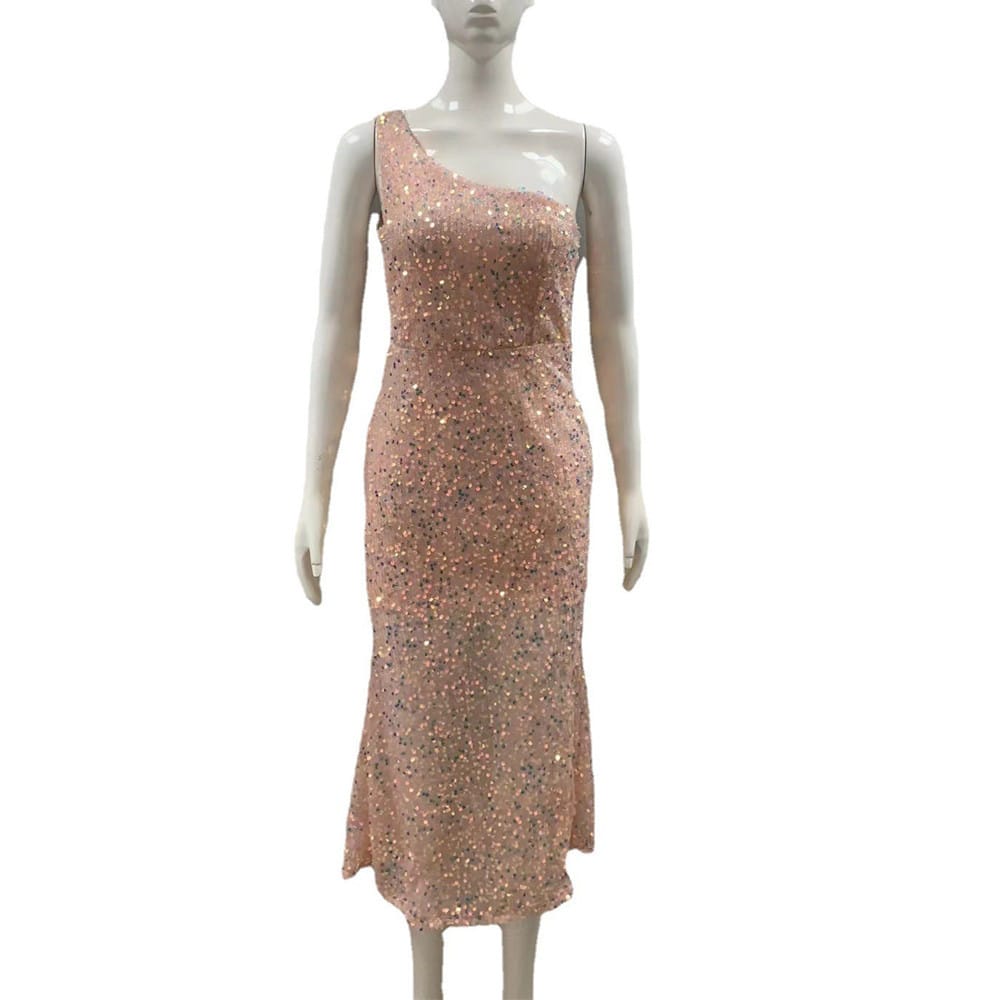 Radiant One-shoulder Sequin Dress With Graceful Midi Elegance