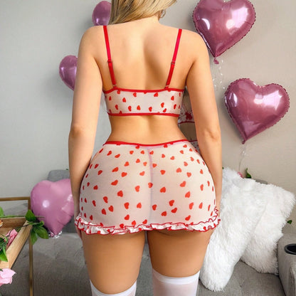 Heart Print Mesh Set with Garter Skirt