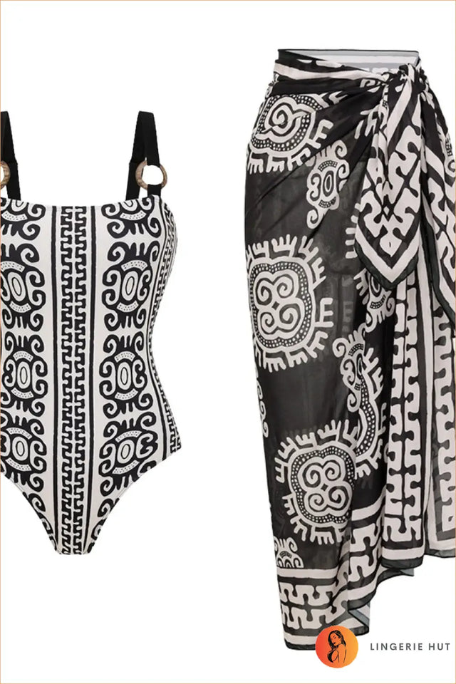 Geometric Print One-Piece Swimsuit with Wrap Skirt