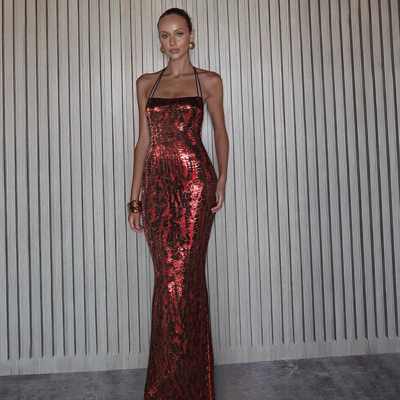 Red Animal Print Halter Gown with Square Neck - After Hours