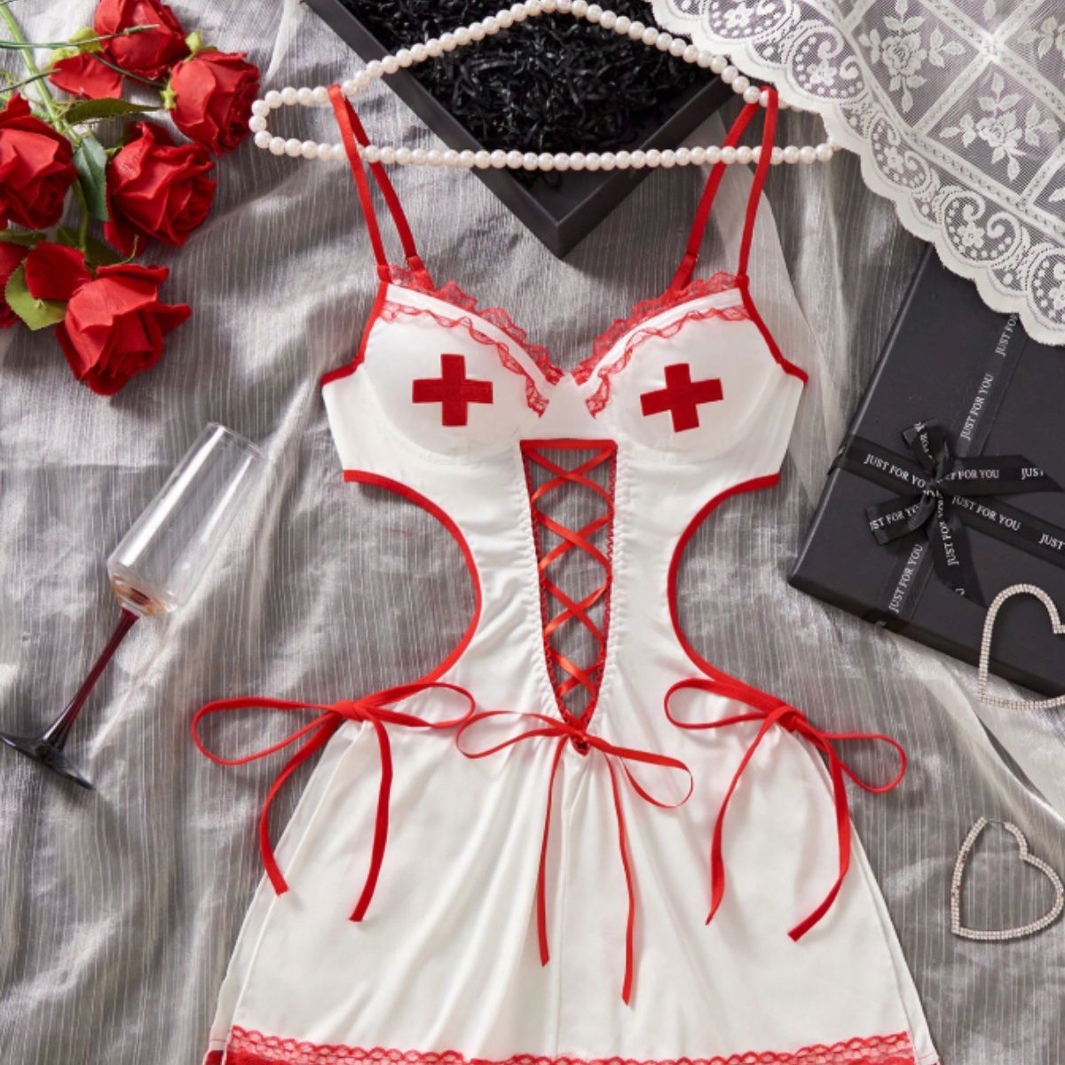 White Nurse Costume Mini Dress with Lace-Up Front and Headband