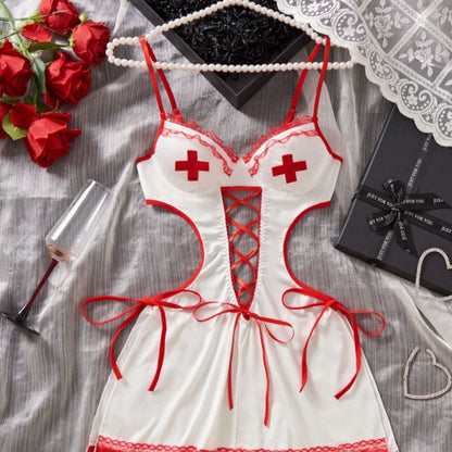White Nurse Costume Mini Dress with Lace-Up Front and Headband