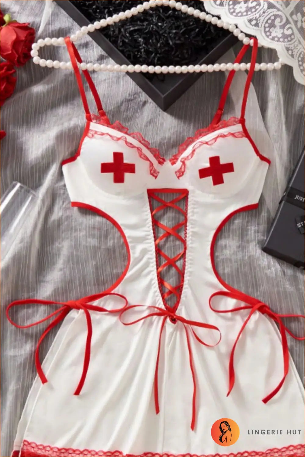 White Nurse Costume Mini Dress with Lace-Up Front and Headband
