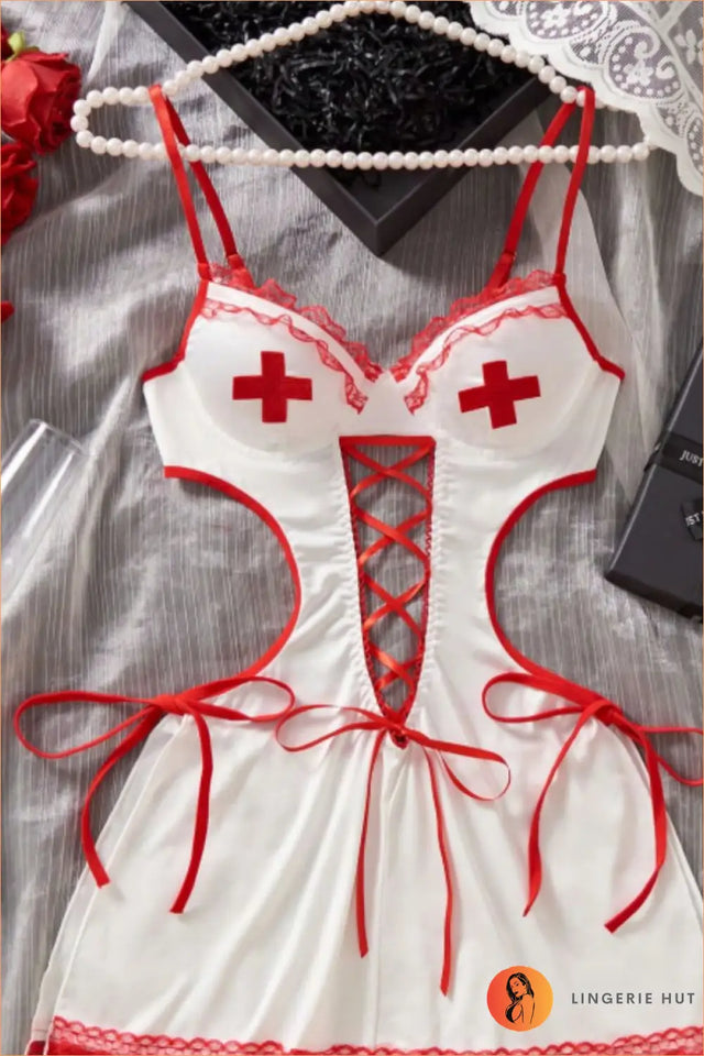 White Nurse Costume Mini Dress with Lace-Up Front and Headband