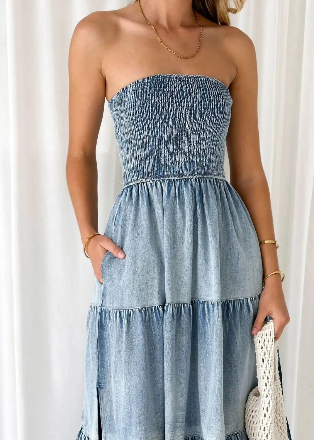Elegant Strapless Denim Tiered Dress – Summer Chic