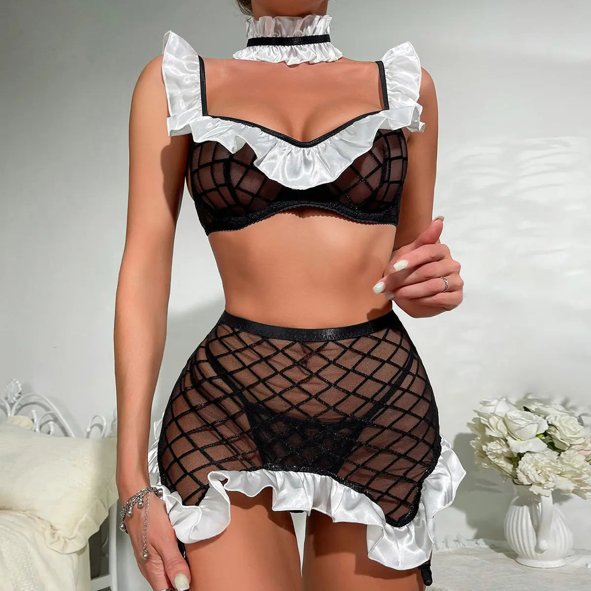 Sheer Mesh Maid Costume - Delicate Lace Trim Dive Into Fantasy