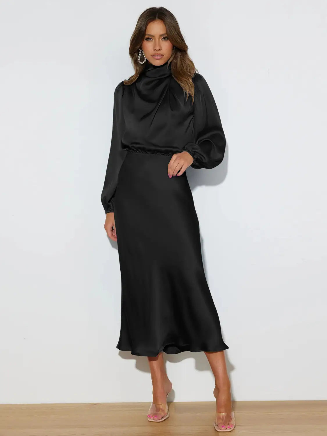 Satin Midi Dress with Balloon Sleeves - Evening Elegance