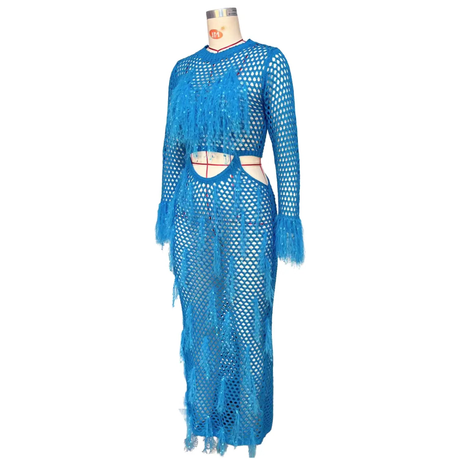 Boho Maxi Beach Dress - Handmade Knit With Mink Tassel Details