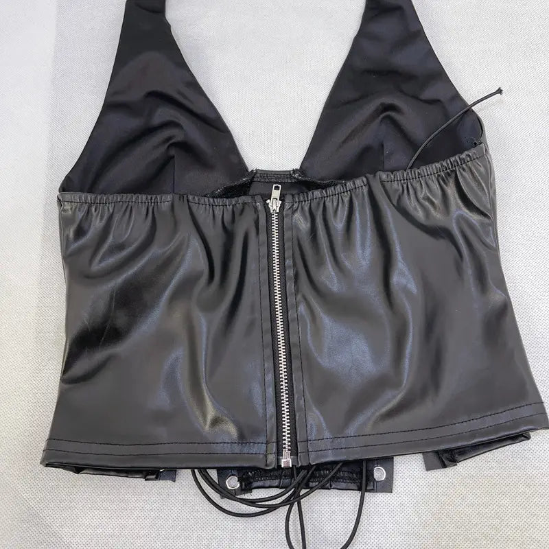 Faux Leather Halter Sexy Lace-up Tight Waist Vest - Slay Queen Alert