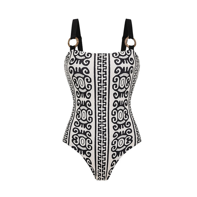 Geometric Print One-Piece Swimsuit with Wrap Skirt