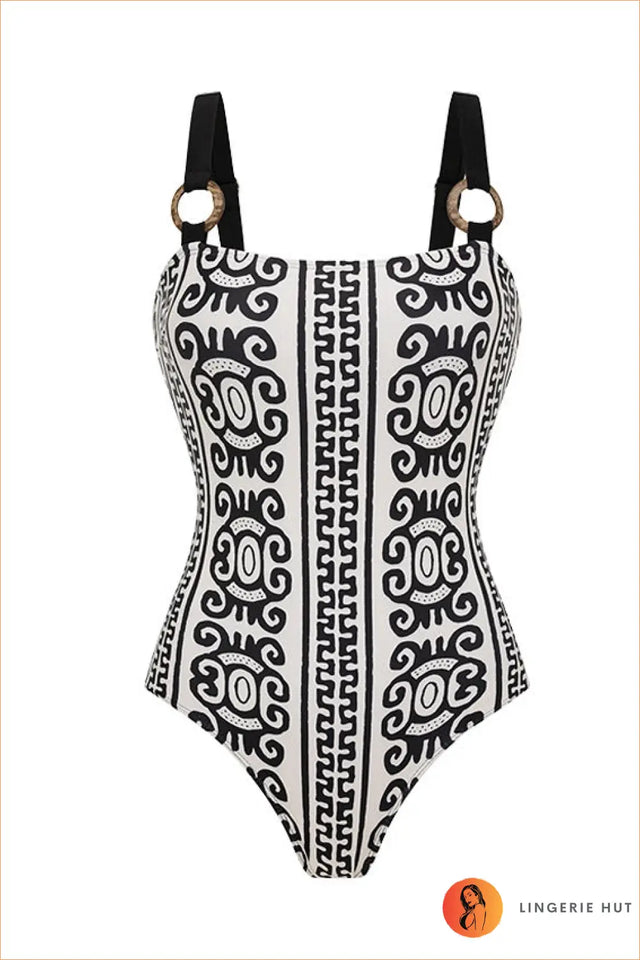 Geometric Print One-Piece Swimsuit with Wrap Skirt