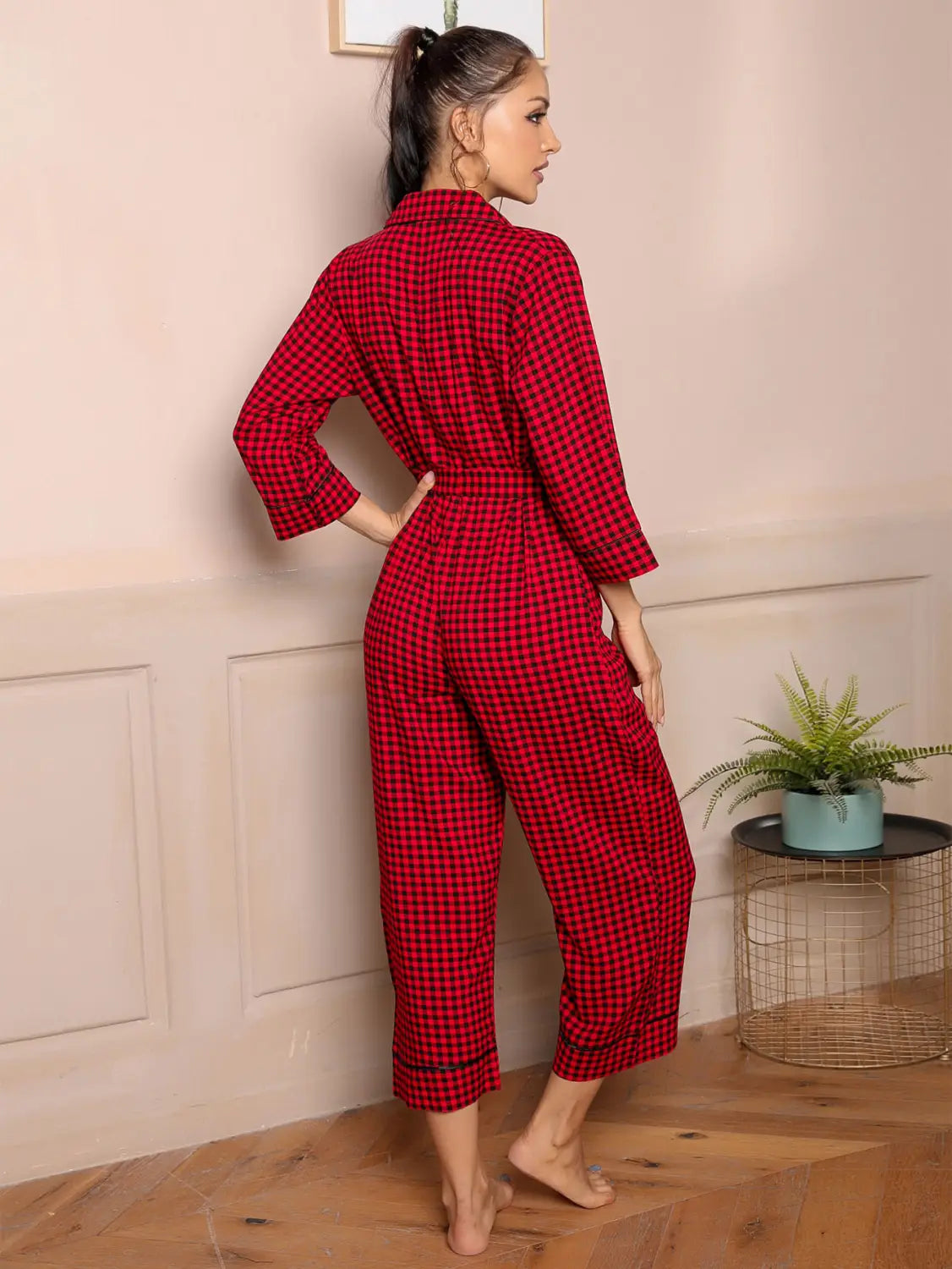 Red Plaid V-neck Jumpsuit - Belted Lounge Elegance