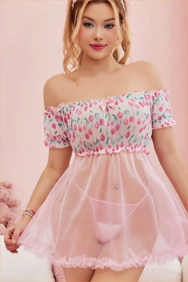 Pink Cherry Print Off-Shoulder Babydoll Set with Sheer Mesh Skirt