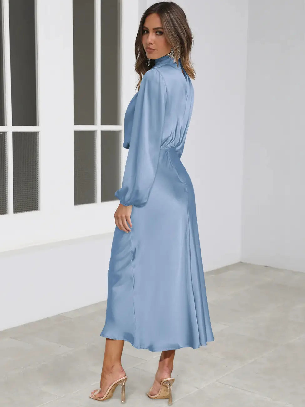 Satin Midi Dress with Balloon Sleeves - Evening Elegance