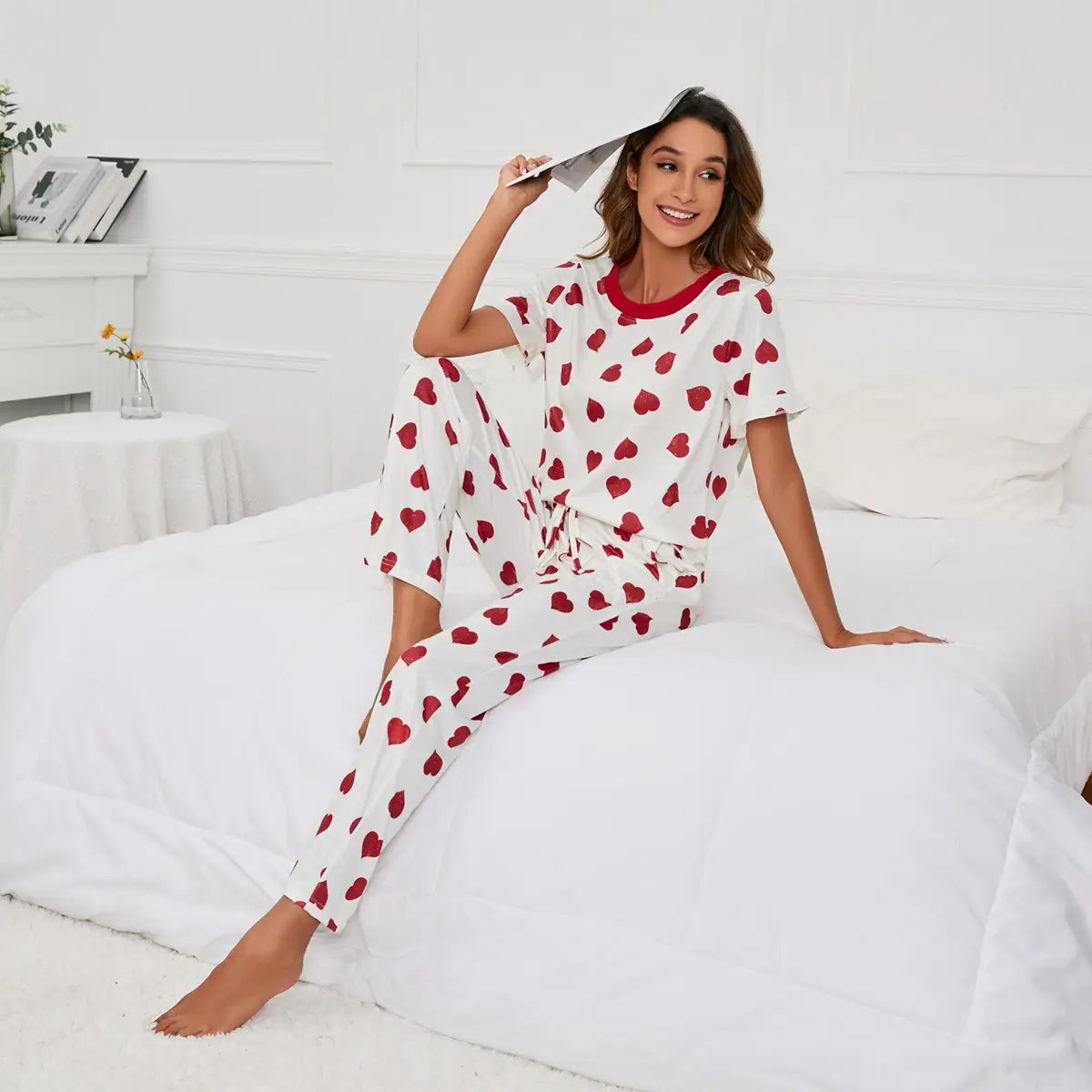 Heart-print Round-neck Pyjama Set - Summer Love Lounge