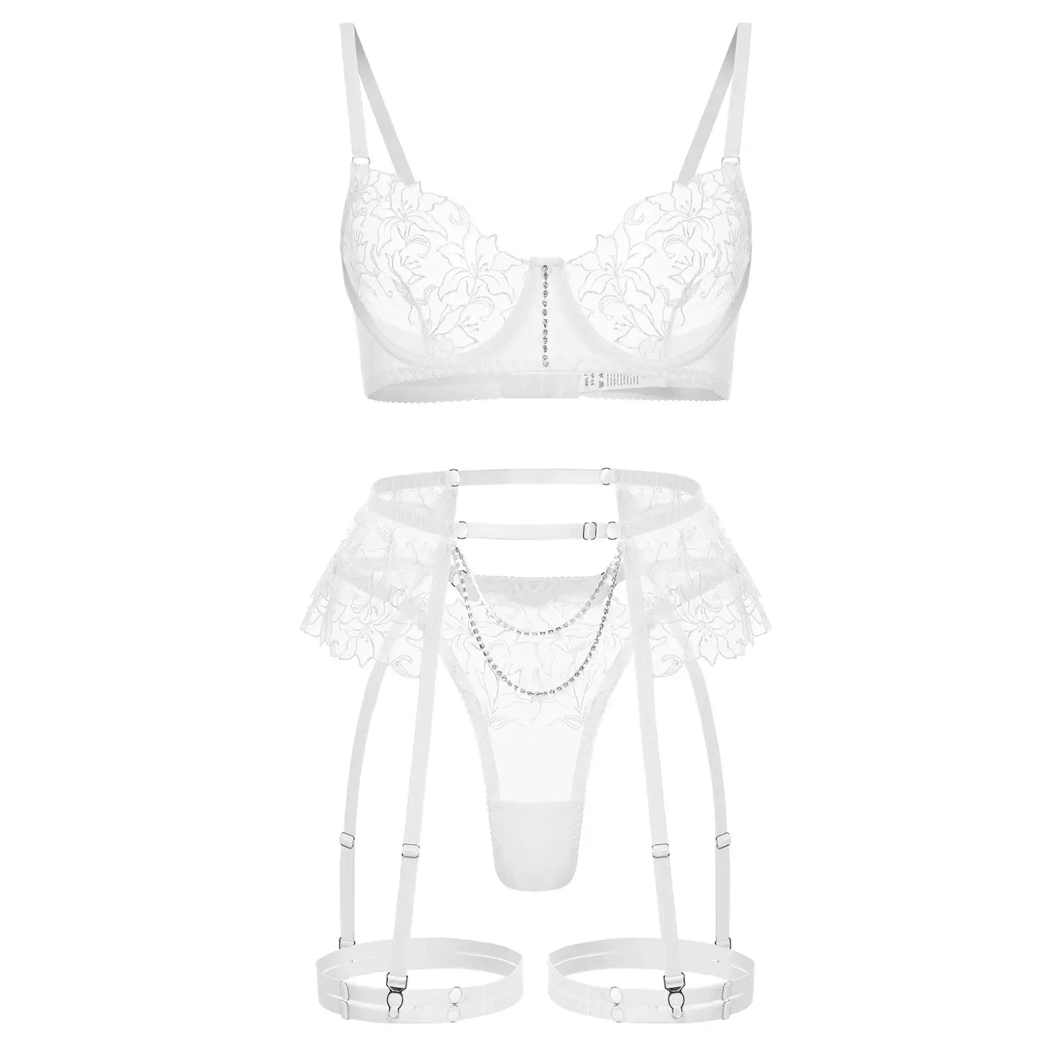 Floral Embroidery Metal Chain Lingerie Set - Allure in White Lace