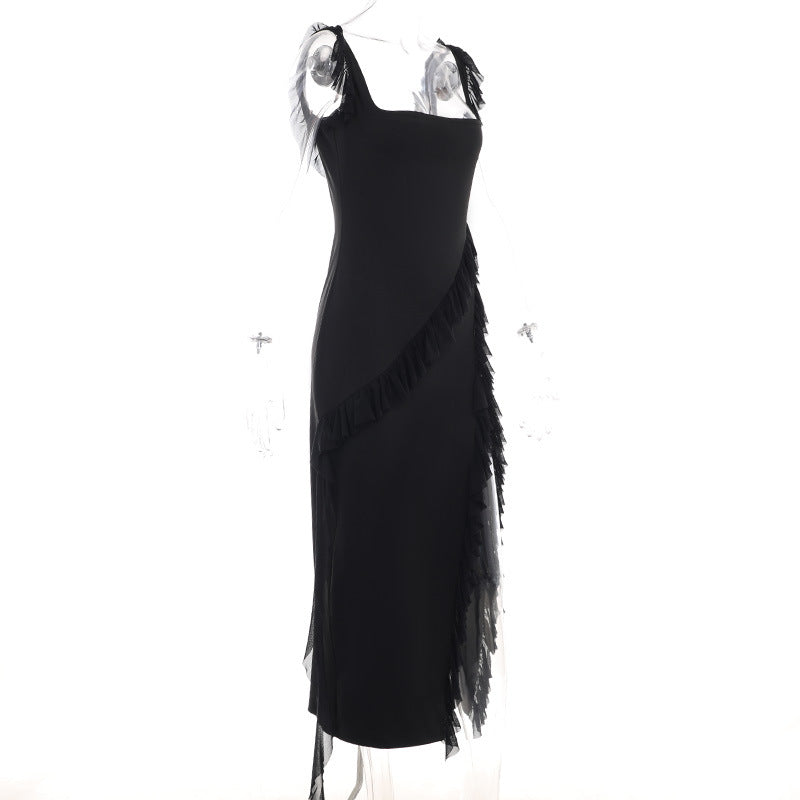 Sultry Split Maxi Dress With Flirtatious Ruffle - Unleash Your Allure