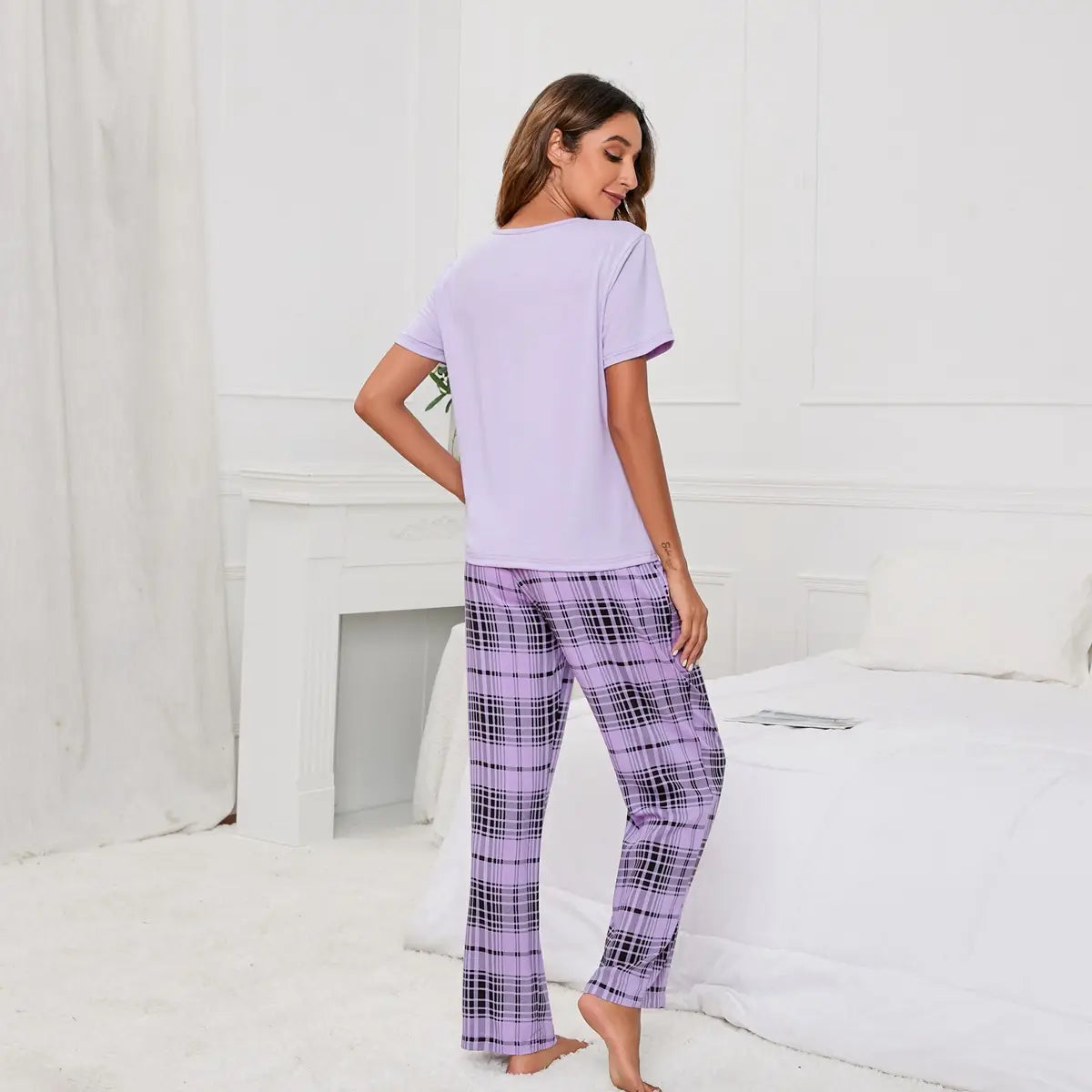 Solid-colour T-print Checks Pyjama Set - Summer Lounge Bliss