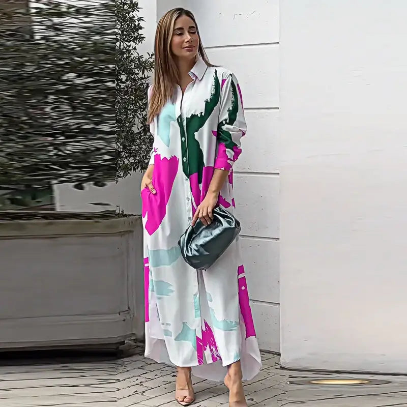 Printed Shirt Collar Maxi Dress - Casual Elegance Redefined