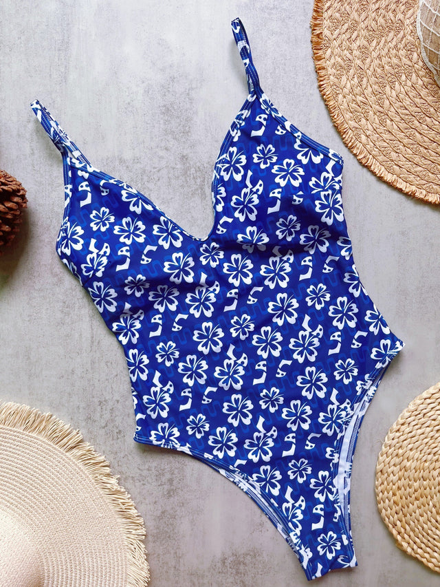Floral Print One-Piece Swimsuit with High-Cut Legs