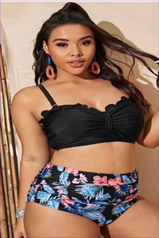 Scalloped Bandeau Bikini with Floral Bottoms - Beach Day Confidence