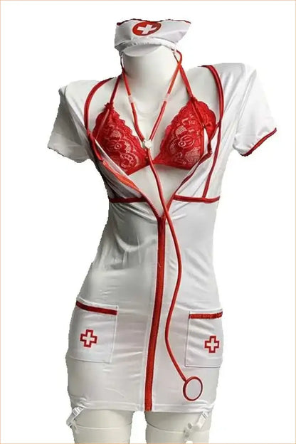 Zip-Front Nurse Costume with Red Lace Bra