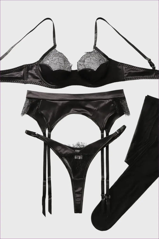 Satin Bra Set with Lace Cups and Garter Belt - Private Luxury