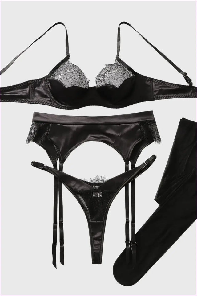 Satin Bra Set with Lace Cups and Garter Belt - Private Luxury