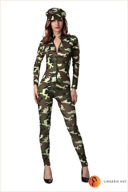 Camo Army Jumpsuit Costume with Zip Front & Matching Cap