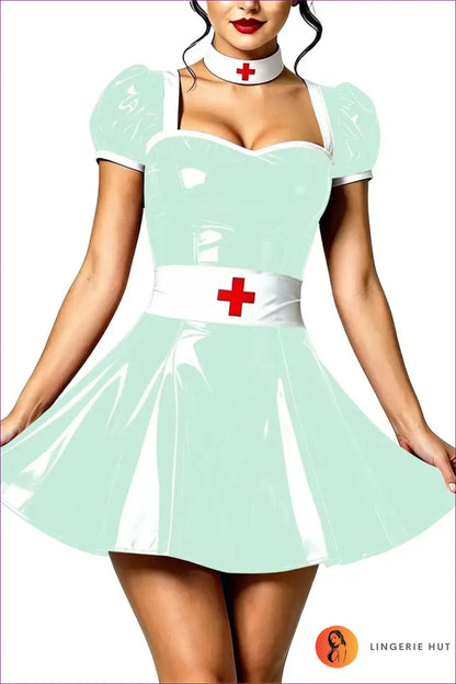 Nurse Costume with Puff Sleeves and Matching Choker - Playful Fantasy