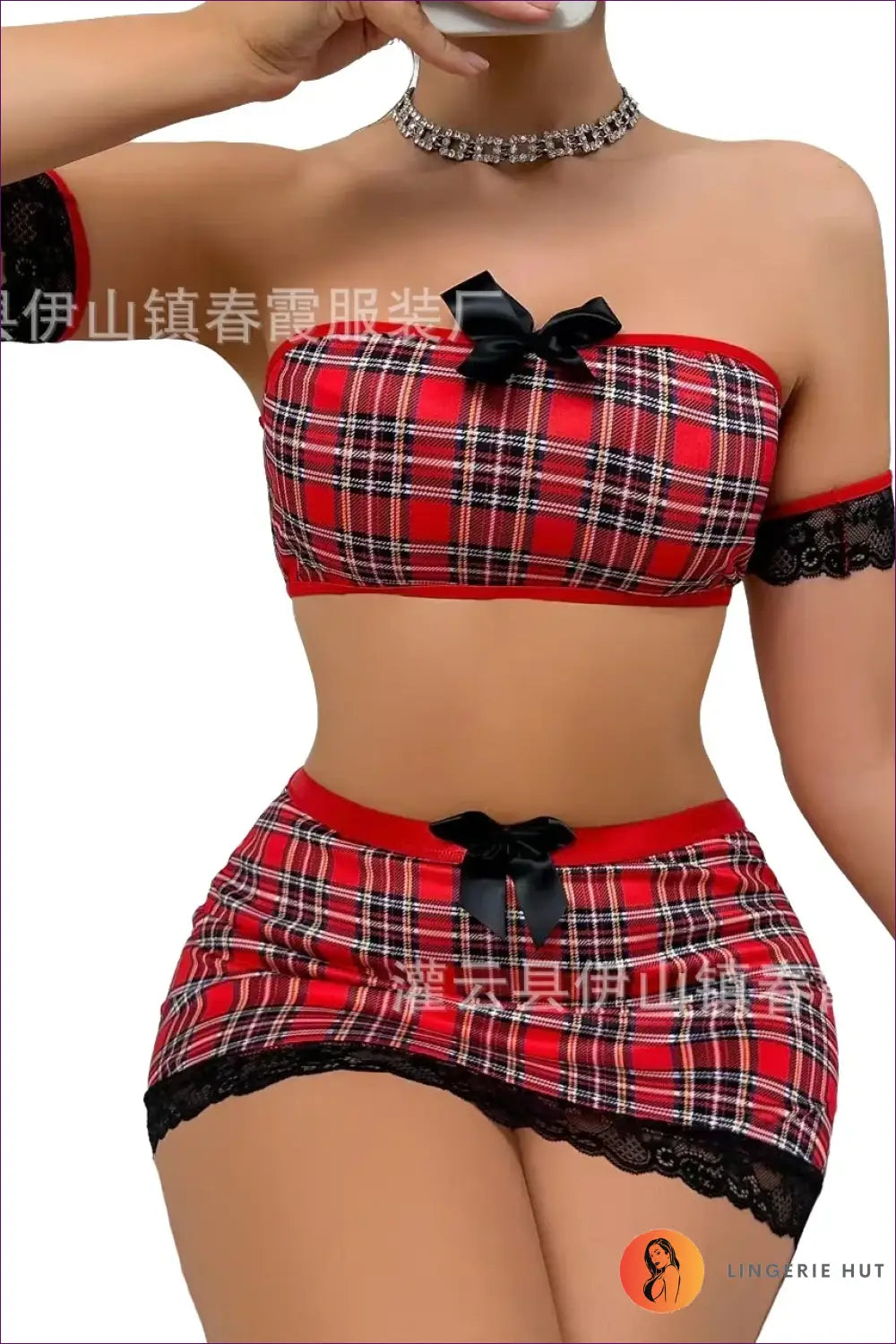 Plaid Mini Skirt Set with Lace-Trim Bandeau Top - Night Out Glamour