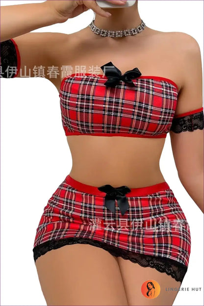 Plaid Mini Skirt Set with Lace-Trim Bandeau Top - Night Out Glamour