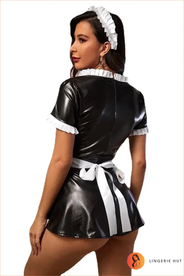 Vinyl Maid Costume with Apron and Headpiece - Playful Charm
