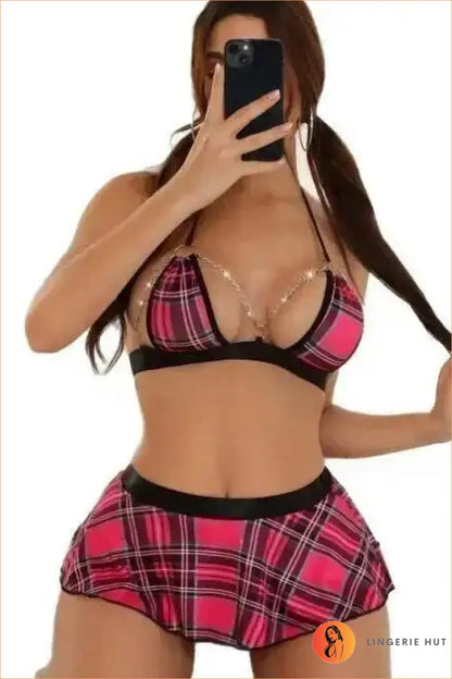 Hot Pink Plaid Rhinestone Chain Schoolgirl Costume Set